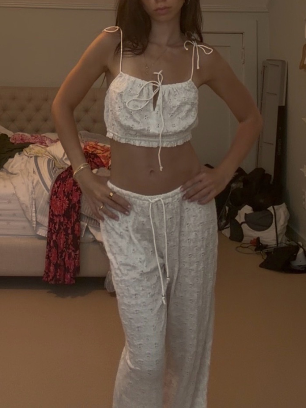 H&M White Eyelet Tie-Shoulder Crop Top & Drawstring Lounge Pants Set